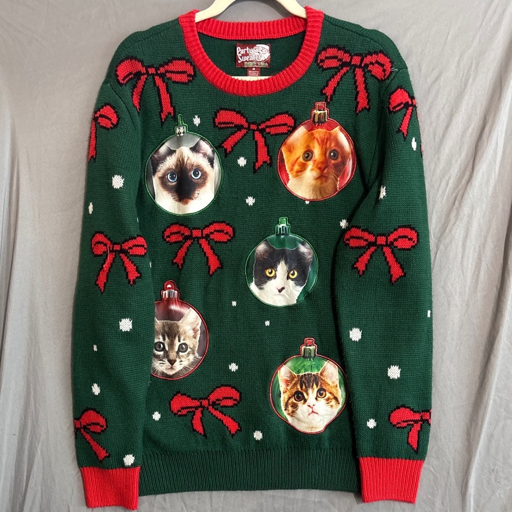 Womens Ugly Christmas Sweater Cat Ornaments Green Red M Holiday